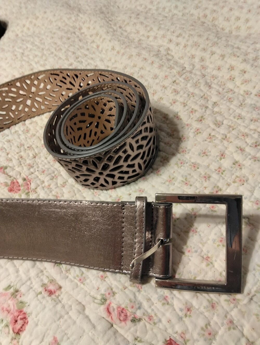 Laser-Cut Metallic Taupe Belt with Silver Buckle